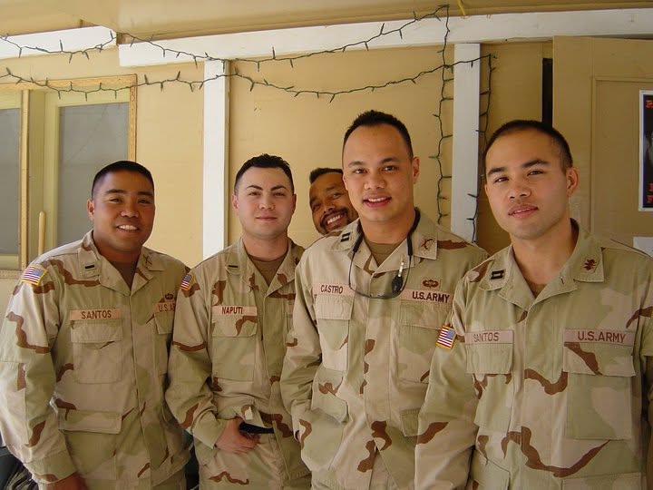 Peter J. Santos, far right, with fellow soldiers on deployment — two of them share the name Santos