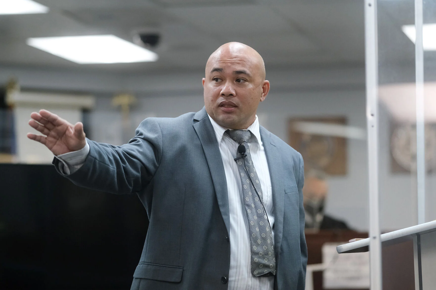 Peter J. Santos, candidate for Attorney General of Guam, addressing a courtroom on Guam